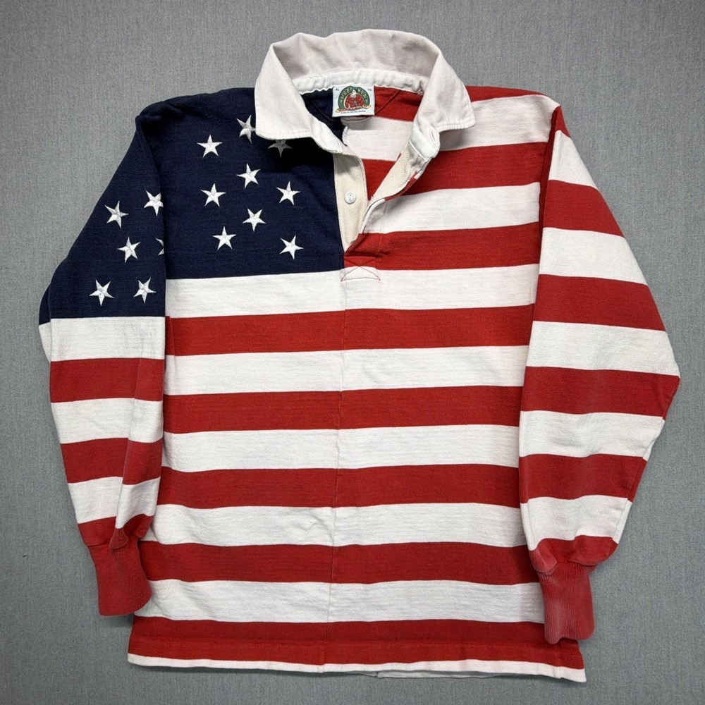 Vtg Barbarian Rugby Wear Men's XL Polo Long Sleeve Shirt US American Flag EUC